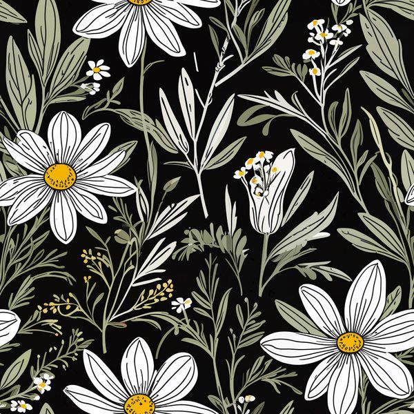 Wild Daisies and Lilies on Dark Pattern