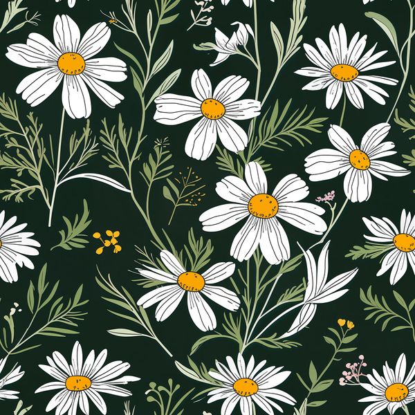Fresh White Daisy Meadow on Deep Green Pattern
