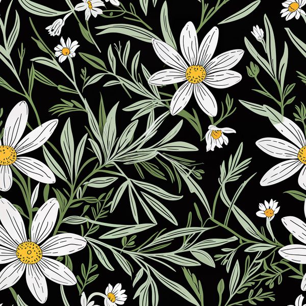 Elegant White Daisies on Black Floral Design Pattern