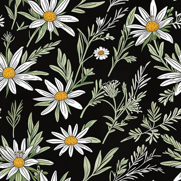 White Daisy Field on Black Botanical Pattern