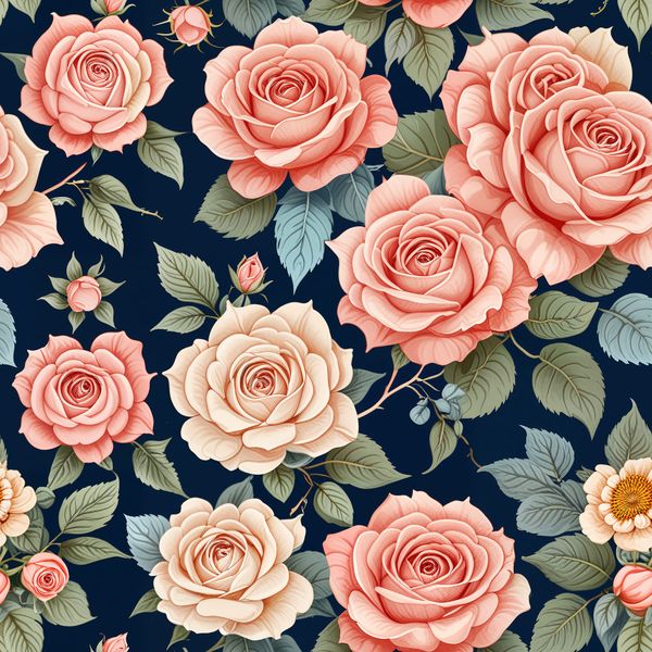 Romantic Pink Rose Garden on Dark Blue Pattern