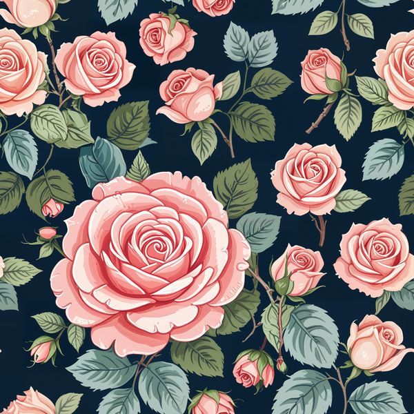 Large Blooming Roses with Buds on Navy Pattern