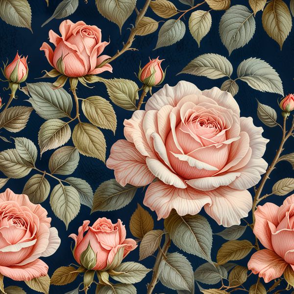 Soft Pink Roses with Buds on Navy Pattern