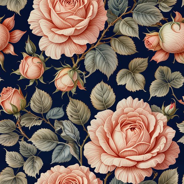 Climbing Pink Roses on Dark Blue Pattern