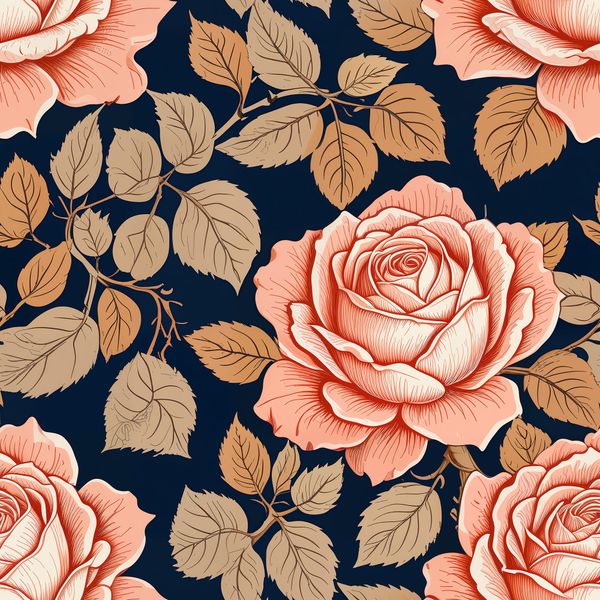 Peach Roses with Beige Leaves on Navy Pattern