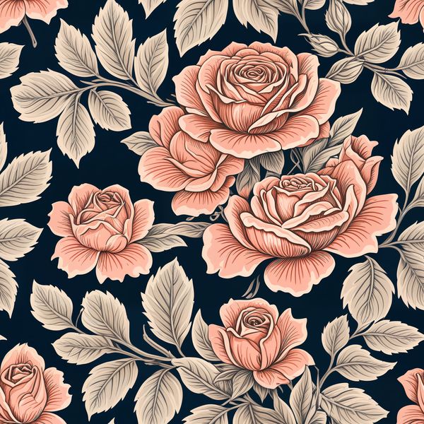 Vintage Beige and Pink Roses on Dark Pattern