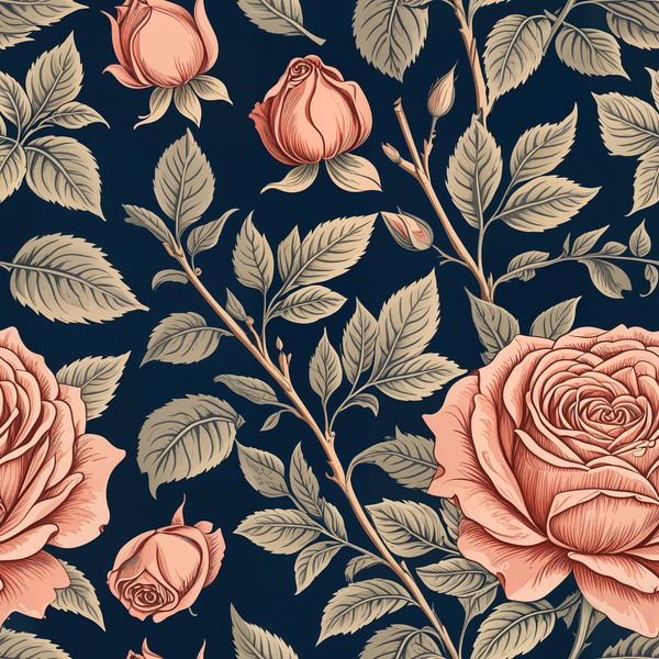 Rose Vine with Buds on Navy Botanical Design Pattern