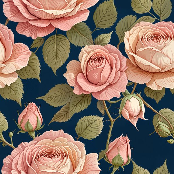 Romantic Pink Roses and Buds on Dark Blue Pattern