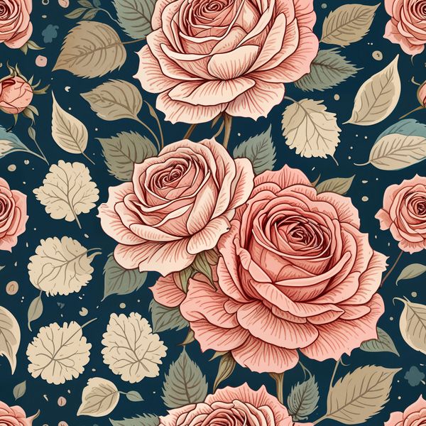 Beige and Pink Roses on Navy Floral Design Pattern