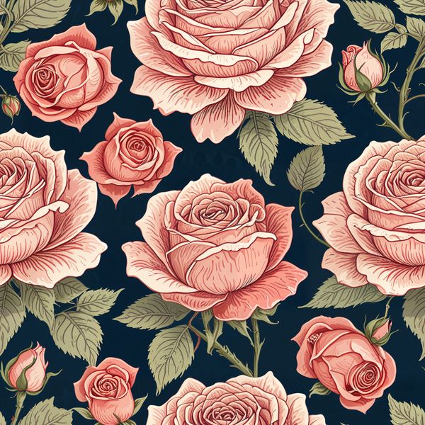 Elegant Blooming Roses with Leaves on Blue Pattern