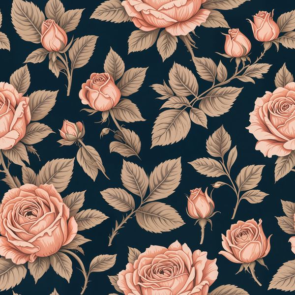 Delicate Rose Blossoms and Buds on Navy Pattern
