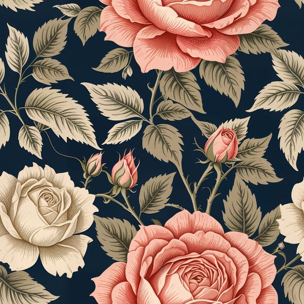 Large Blooming Rose with Buds on Navy Pattern