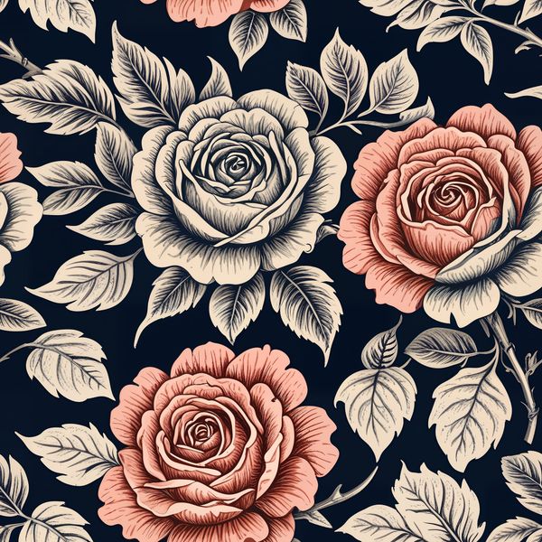 Beige and Coral Roses on Deep Blue Pattern