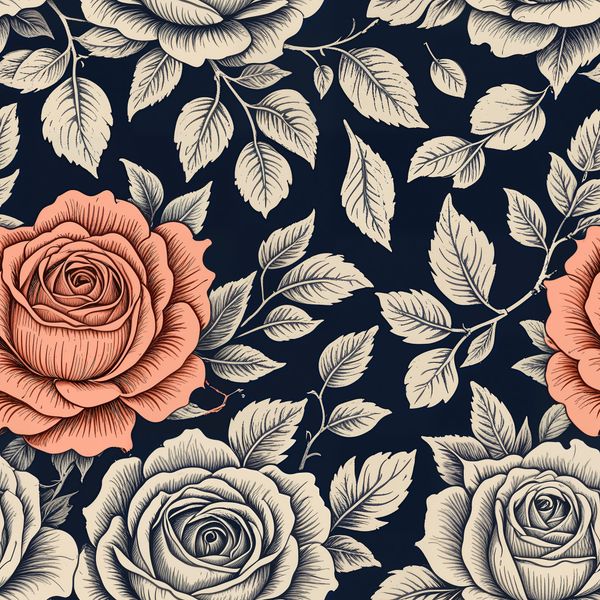 Single Bloom Roses with Foliage on Navy Pattern