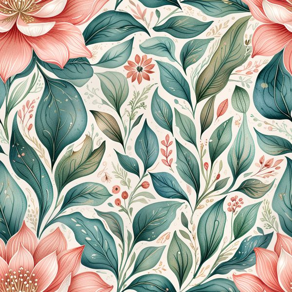 Coral Tropical Flowers and Leaves on White Pattern