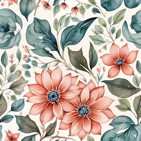 Pastel Coral Blossoms with Teal Leaves Pattern
