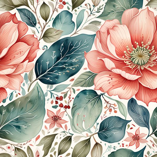 Large Coral Flowers with Green Botanical Leaves Pattern