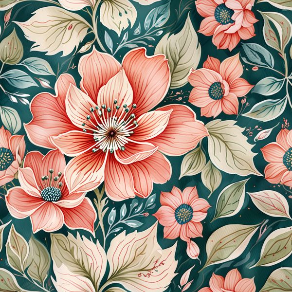 Large Coral Flowers with Green Leaves on Dark Pattern