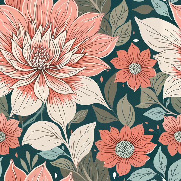 Blush Pink Dahlia and Leaves on Dark Tea Pattern