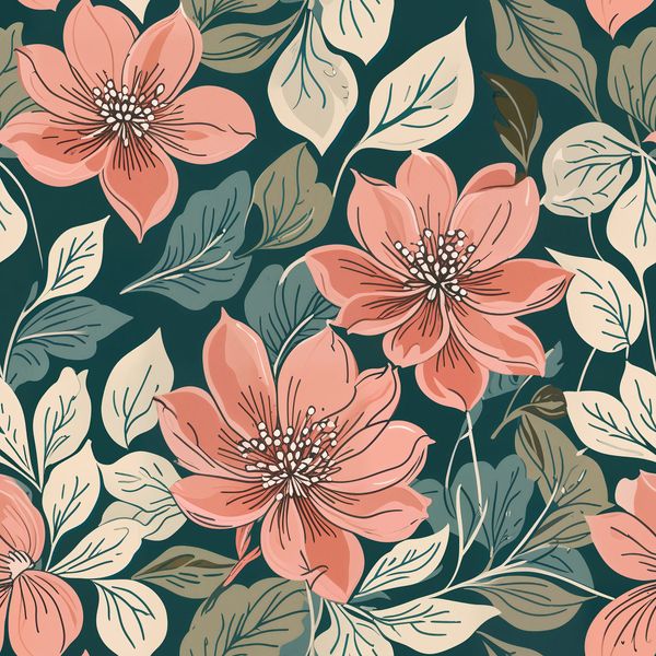 Peach Blossom Flowers with Foliage on Dark Pattern