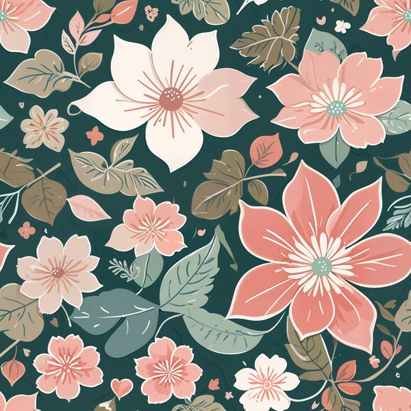 Pastel Pink Sakura Flowers on Dark Green Pattern