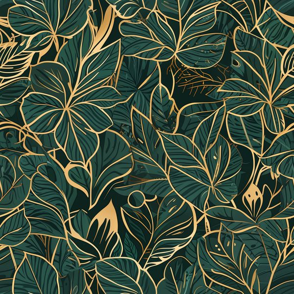 Gold Line Art Tropical Leaves on Black Pattern