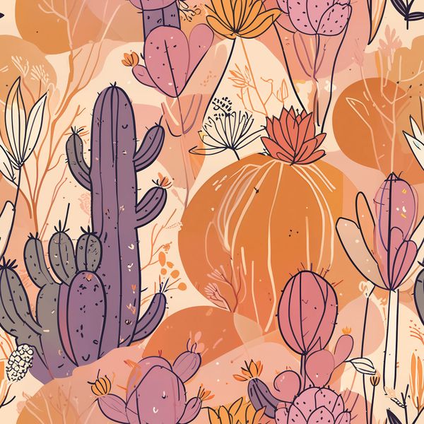 Purple and Orange Desert Cactus Illustration Pattern
