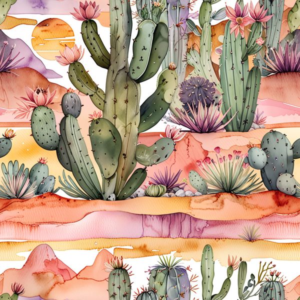 Southwest Desert Cactus Landscape Watercolor Pattern