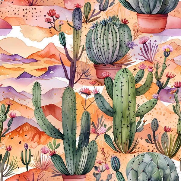 Hand Painted Desert Cactus with Orange Sky Pattern