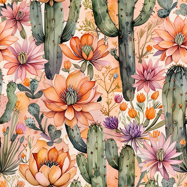 Blooming Desert Cactus with Coral Flowers Pattern