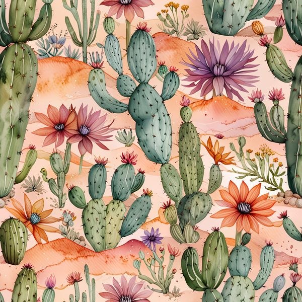 Wild Desert Cactus Garden with Pink Blooms Pattern