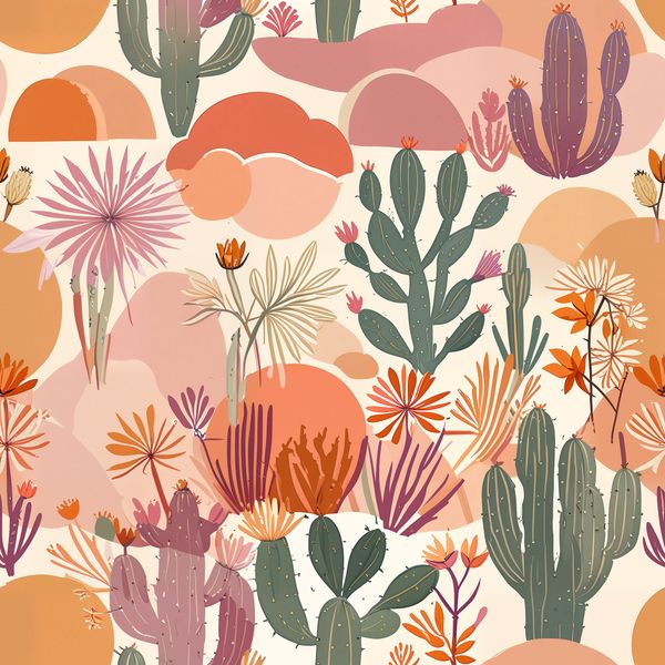 Colorful Desert Cactus and Flowers Seamless Pattern