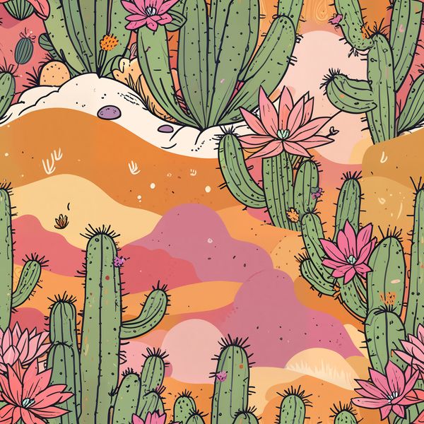 Blooming Cactus Desert Scene Pattern