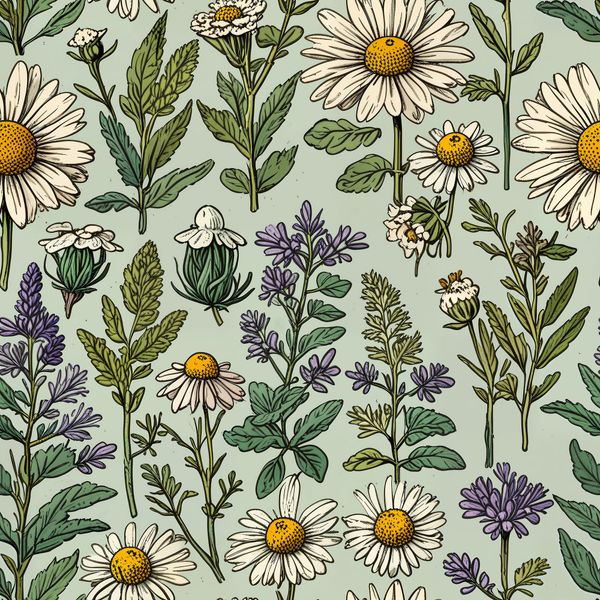 Wild Chamomile and Herbs Seamless Pattern