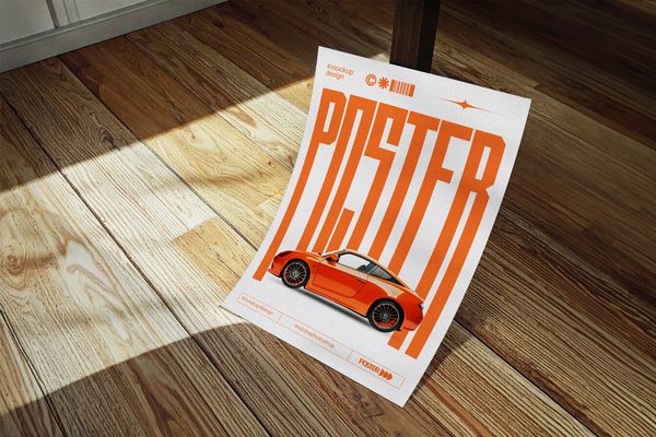 A4 Poster Mockup on Wooden Floor with Realistic Shadow
