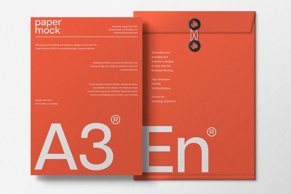 Blank Clean Lines Paper & Envelope Mockup
