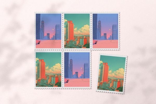 Cityscape Illustration Postage Stamp Mockup