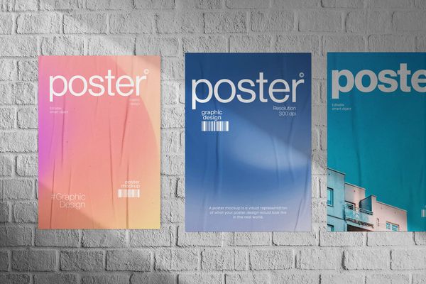 Three Poster Mockup Wall Brick Background