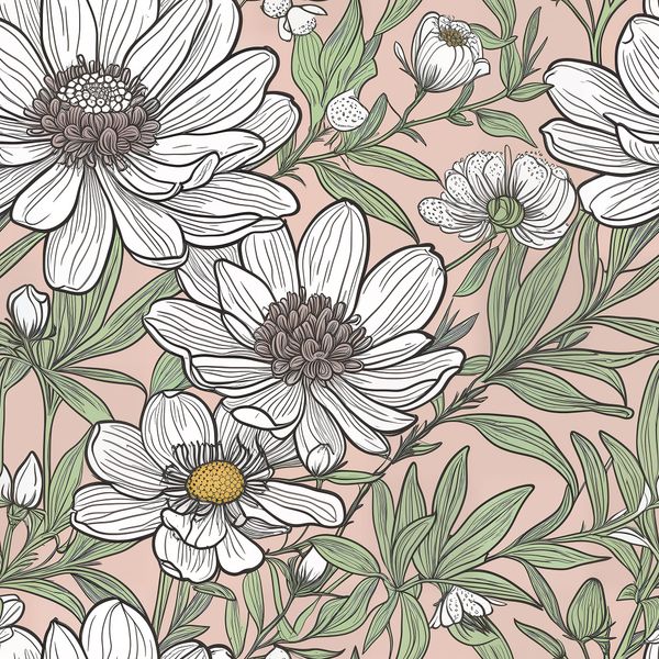 Hand-Drawn White Daisies on Blush Pattern