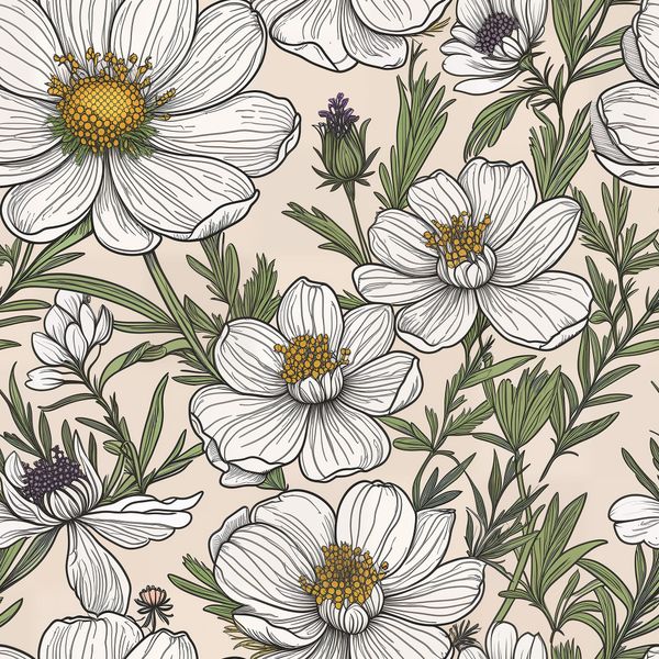 Botanical White Wildflowers on Cream Pattern