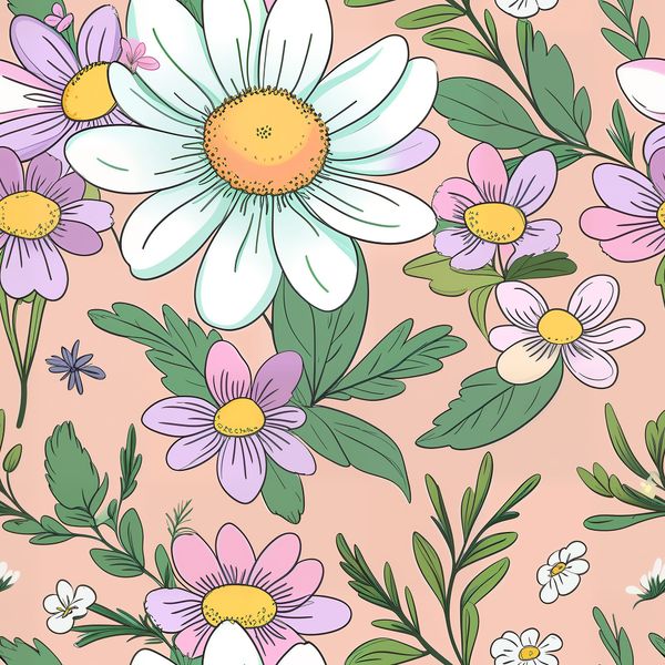 Pastel Daisy and Lavender Floral Illustration Pattern