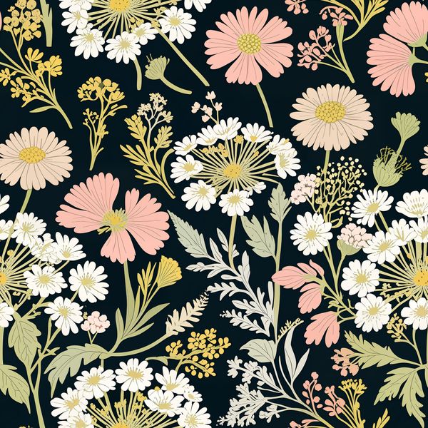Vintage Pastel Daisy Bouquet on Black Pattern
