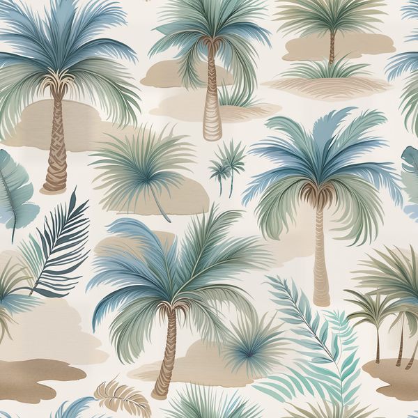 Beach Palm Tree Illustration in Blue and Beige Pattern