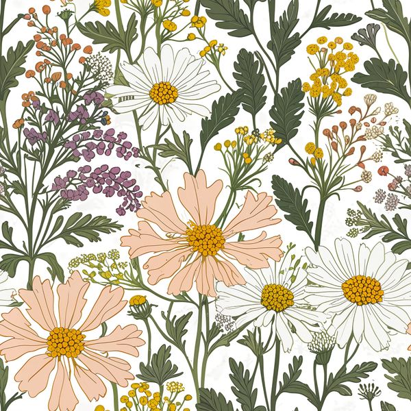 Botanical Garden Wildflowers on White Pattern