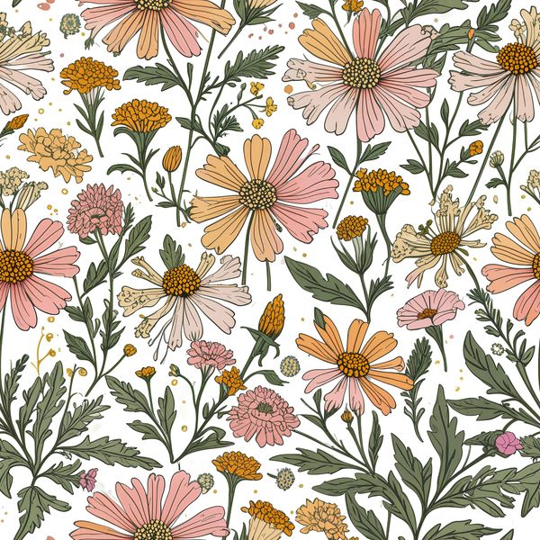 Warm Toned Wildflower Botanical Illustration Pattern