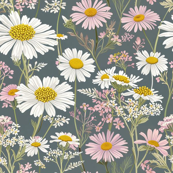 Daisy and Pink Coneflower Meadow on Blue Pattern
