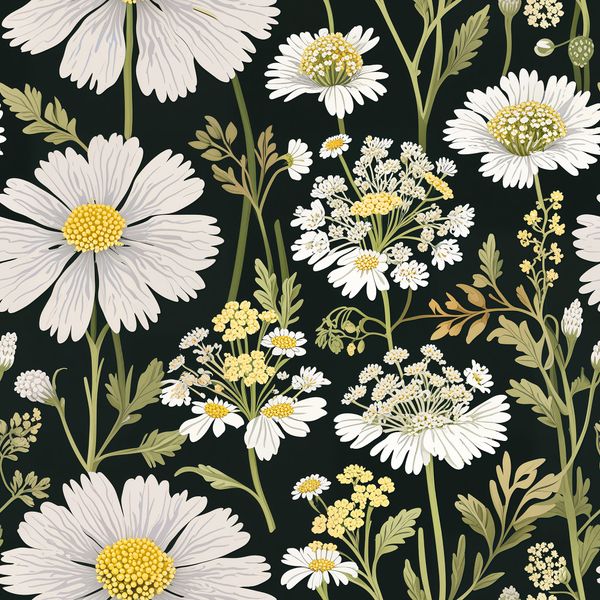 White Daisy Field on Black Pattern