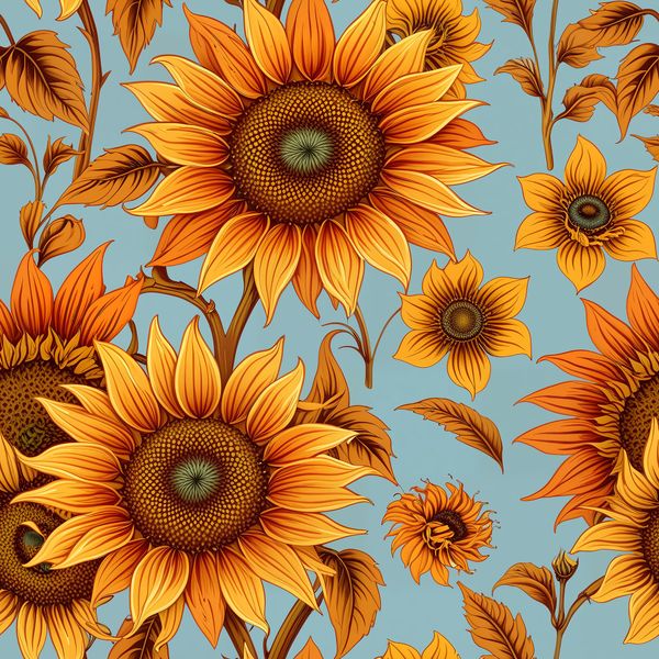 Vintage Sunflower Bloom on Blue Pattern