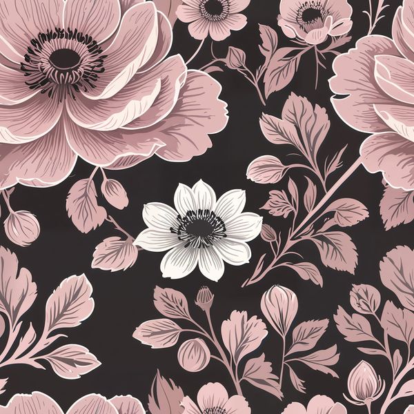 Blush Pink Garden Flowers on Black Pattern