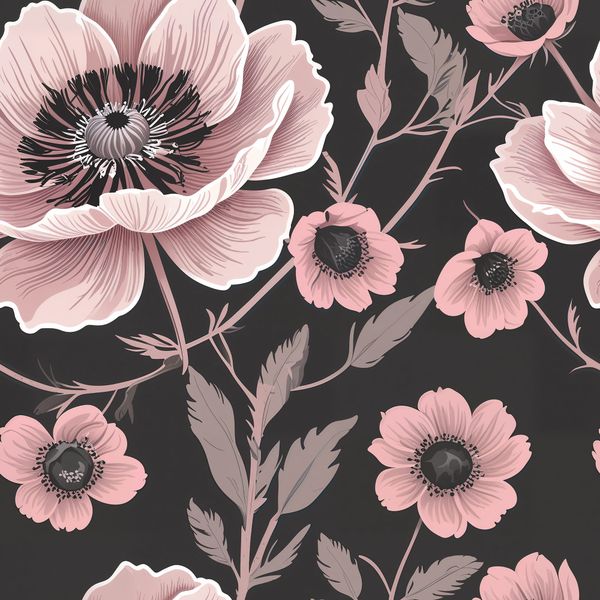 Soft Blush Botanical Print on Charcoal Pattern